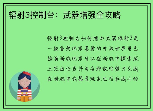 辐射3控制台：武器增强全攻略